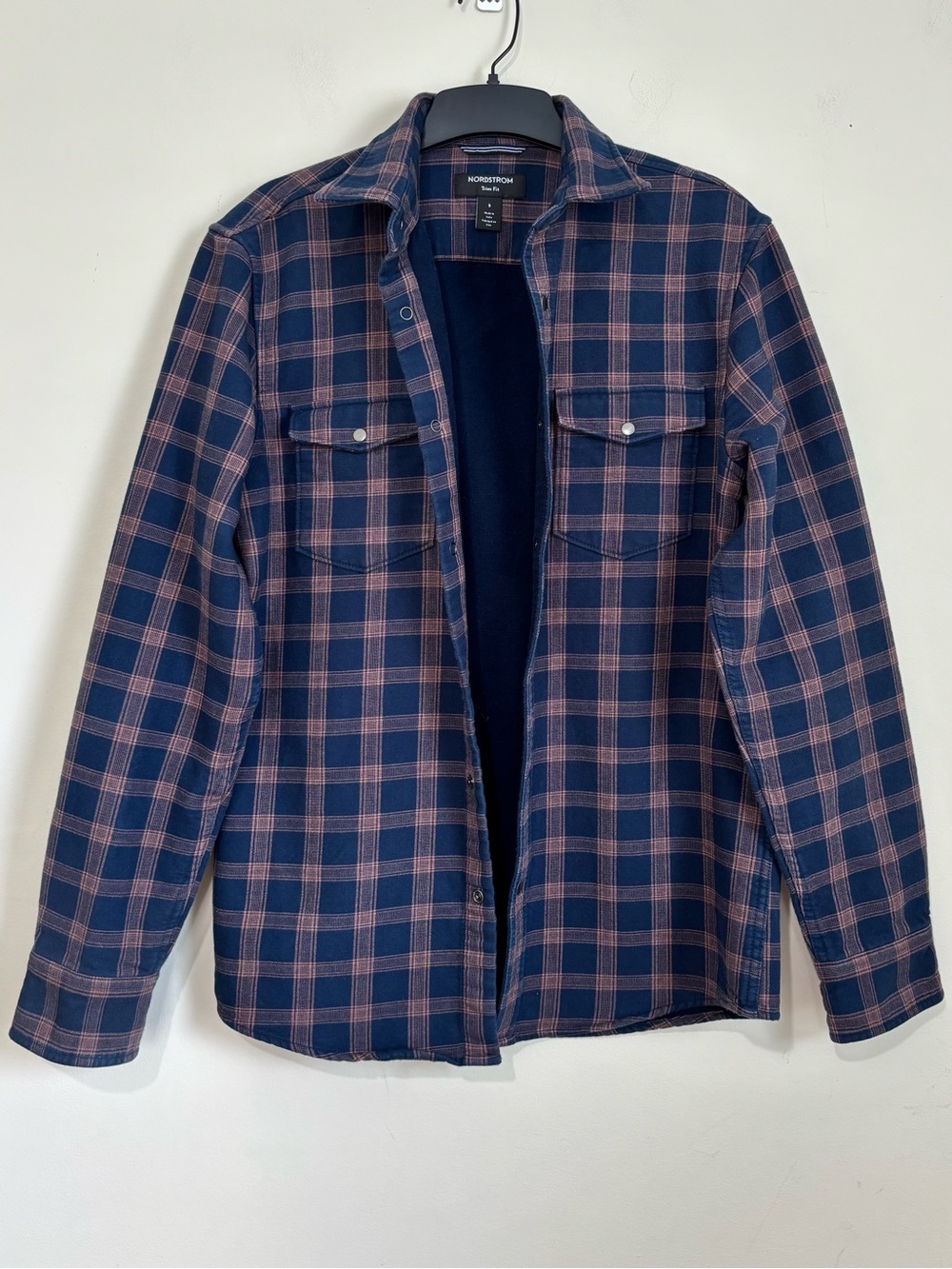 Nordstrom trim fit shacket navy pink plaid snap button up flannel Shirt Jacket S